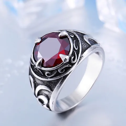 Vintage Stainless Steel Engraved Crown Ring For Men With Blue Red Black White Rhinestone Gothic Punk Jewelry Ring