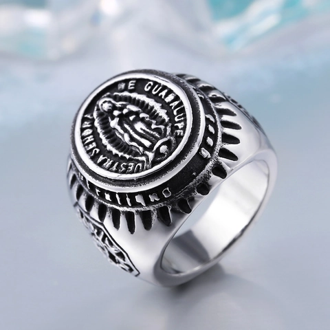 Bague Vierge Marie en Acier Inoxydable Vintage Notre-Dame De Guadalupe Chevalière Religieuse pour Homme Retro