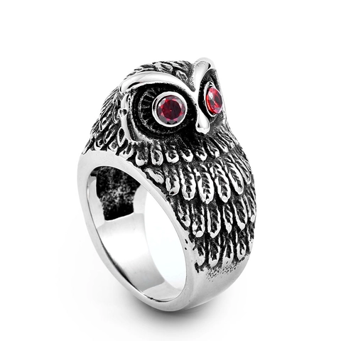 Vintage Stainless Steel Owl Ring For Men Women Punk Retro Animal Shape Red Zirconia Eyes Gothic Biker Jewelry Finger Ring