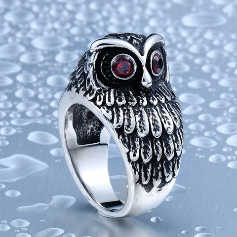 Vintage Stainless Steel Owl Ring For Men Women Punk Retro Animal Shape Red Zirconia Eyes Gothic Biker Jewelry Finger Ring