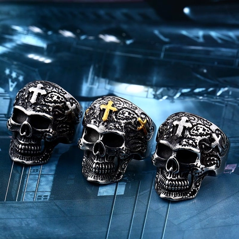 Gothic Stainless Steel Skull Ring For Men Vintage Punk Cross Carved Biker Finger Ring Jewelry Gift Accessories