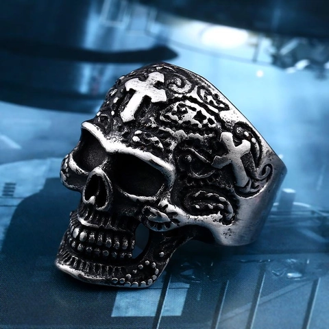 Gothic Stainless Steel Skull Ring For Men Vintage Punk Cross Carved Biker Finger Ring Jewelry Gift Accessories