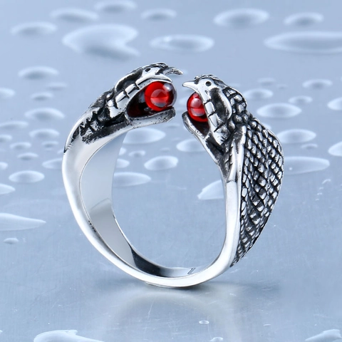 Vintage Punk Double Head Snake Ring For Men Stainless Steel Red Zirconia Gothic Jewelry Party Accessories Gift