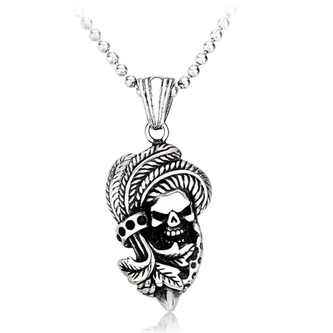 Vintage Titanium Steel Skull Pendant Necklace Men Indian Chief Feather Headdress Rhinestone Gothic Punk Rock Jewelry