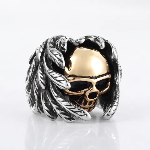 Vintage Punk Stainless Steel Feather Skull Ring For Men Gold Silver Two Tone Carved Gothic Skeleton Biker Finger Ring Jewelry Gift