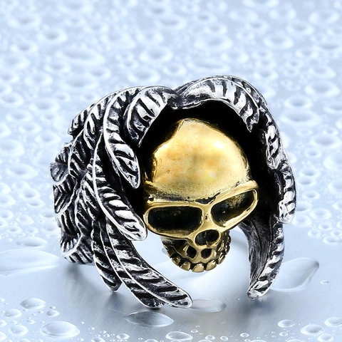 Vintage Punk Stainless Steel Feather Skull Ring For Men Gold Silver Two Tone Carved Gothic Skeleton Biker Finger Ring Jewelry Gift
