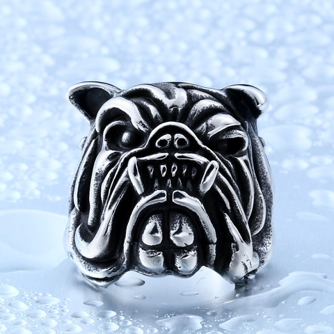 Anello in Acciaio Inossidabile Bulldog Vintage per Uomo Gothic Punk Testa di Animale Biker Finger Ring Gioielli Retro