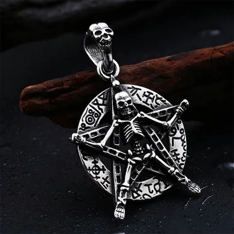 Colgante de Pentagrama de Esqueleto de Acero Inoxidable Gótico para Hombre Joyería Punk con Grabado de Runas Retro Sin Cadena