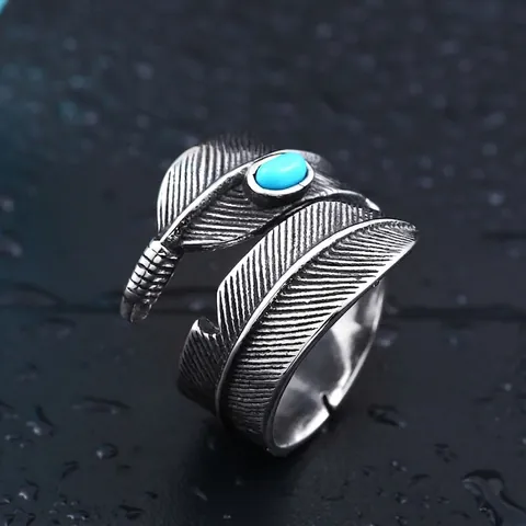 Vintage Titanium Steel Feather Open Ring For Men Women Artificial Turquoise Inlaid Adjustable Band Gothic Punk Jewelry Gift