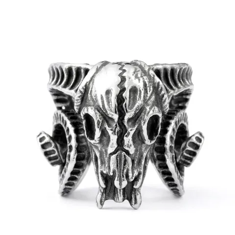 Anello da Uomo in Acciaio Inossidabile con Teschio di Ariete Vintage Gothic Punk Testa di Animale Biker Band Gioielli Hip Hop