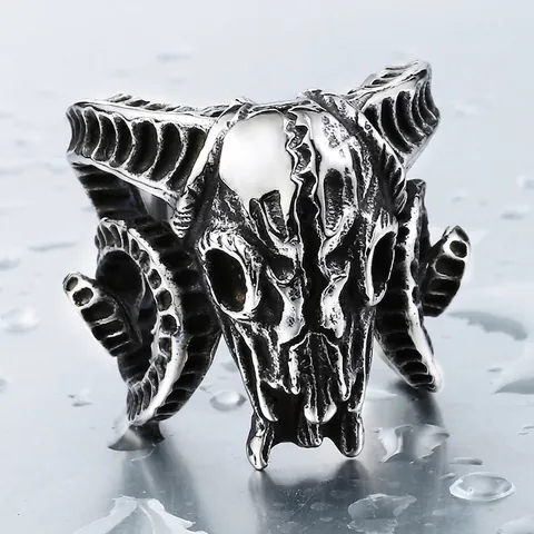 Anello da Uomo in Acciaio Inossidabile con Teschio di Ariete Vintage Gothic Punk Testa di Animale Biker Band Gioielli Hip Hop