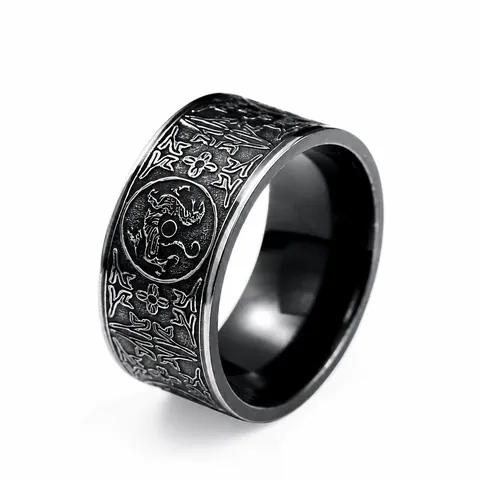 Men's Vintage Titanium Steel Four Mythical Beasts Ring Ethnic Style Distressed Black Steel Antique Silver Band Ring Gothic Punk Jewelry For Men Gift