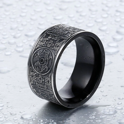 Men's Vintage Titanium Steel Four Mythical Beasts Ring Ethnic Style Distressed Black Steel Antique Silver Band Ring Gothic Punk Jewelry For Men Gift