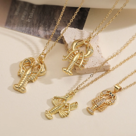 Collier Pendentif Homard en Cuivre Doré Vintage Avec Zirconia Pour Femmes Bijoux de Mode Simple Style de Bureau Cadeau