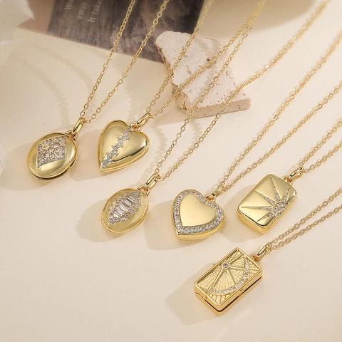 Vintage Kupfer 18K Vergoldet Zirkonia Medaillon Anhänger Halskette Für Damen Retro Öffnbarer Herz Foto Rahmen Schmuck Kette