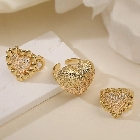 18K Gold Plated Copper Zircon Heart Open Ring Adjustable Finger Rings For Women Elegant Party Jewelry