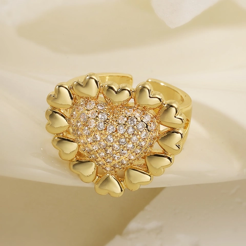 18K Gold Plated Copper Zircon Heart Open Ring Adjustable Finger Rings For Women Elegant Party Jewelry
