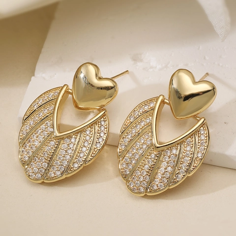Lussuosi Orecchini a Pendente Geometrici in Rame Placcato Oro 18K Con Strass Per Donna Cuore Forma a Ventaglio Gioielli