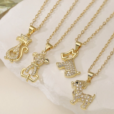 Collana con Ciondolo Animale in Rame Placcato Oro Con Zirconia Gatto Orso Cane Strass Catena da Clavicola Gioielli da Donna