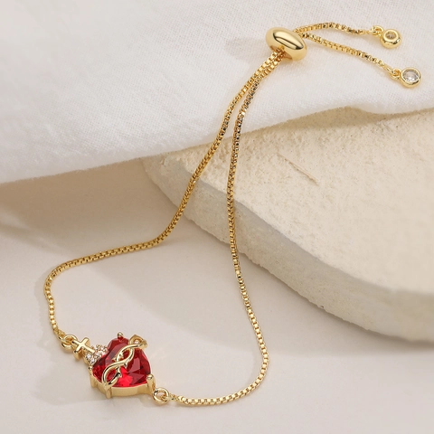 Gothic Gold Plated Copper Red Heart Zirconia Sacred Heart Cross Adjustable Bolo Bracelet For Women Fashion Religious Jewelry