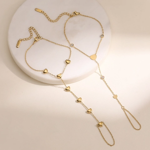 Pulsera Esclava Minimalista de Acero Inoxidable Chapada en Oro de 18K Cadena de Anillo de Dedo con Corazón para Mujer Joyería
