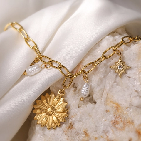 Bracciale con Ciondoli in Acciaio Inossidabile Vintage da Donna Placcato Oro Perla Artificiale Strass Sole Cuore Girasole Gioielli