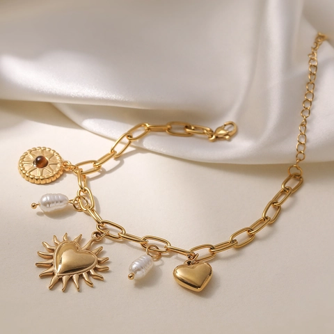Bracciale con Ciondoli in Acciaio Inossidabile Vintage da Donna Placcato Oro Perla Artificiale Strass Sole Cuore Girasole Gioielli