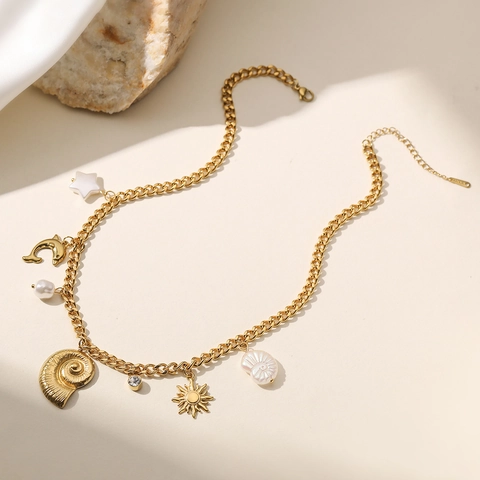 Stainless Steel Ocean Theme Pendant Necklace Gold Plated Octopus Sea Snail Shell Starfish Artificial Pearl Enamel Beach Jewelry