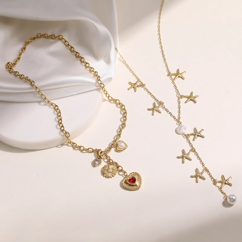 Stainless Steel Starfish Heart Pendant Necklace For Women Gold Plated Artificial Pearl Rhinestone Summer Beach Jewelry