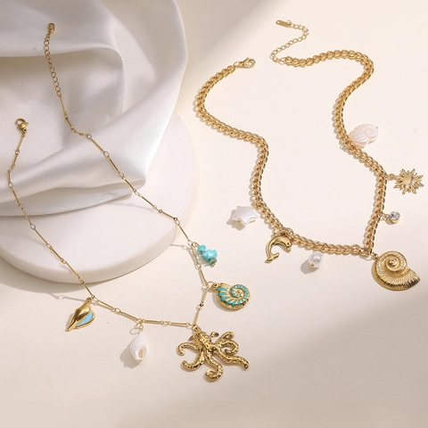 Stainless Steel Ocean Theme Pendant Necklace Gold Plated Octopus Sea Snail Shell Starfish Artificial Pearl Enamel Beach Jewelry