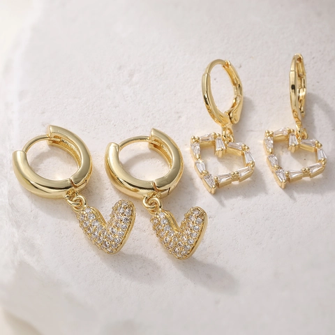 Orecchini Pendenti in Rame Placcato Oro a Forma di Cuore e Lettera L Moda Lusso Leggero Zirconia Intarsiata Donna