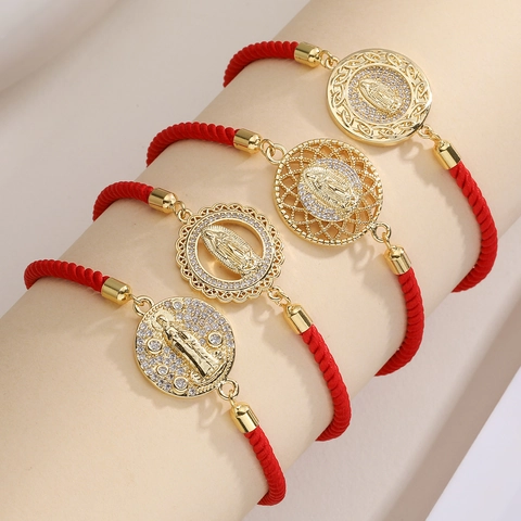Pulsera Religiosa de la Virgen María de Cuerda Roja de Cobre Bañado en Oro con Circonia Incrustada Medallón Católico Pulsera Ajustable Joyería Regalo