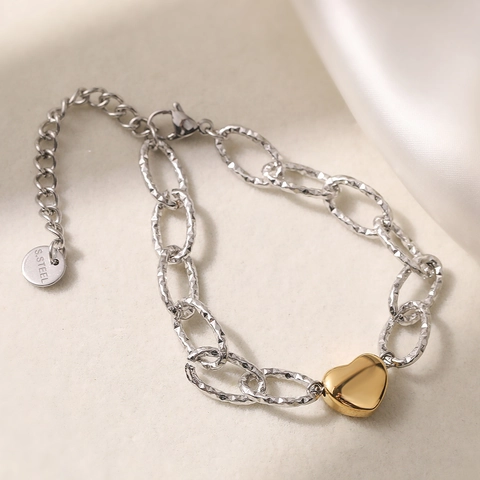 Bracelet Pendentif Coeur en Acier Inoxydable Minimaliste Contraste Or Argent Bracelet Chaîne Maillons pour Femmes Bijoux de Mode