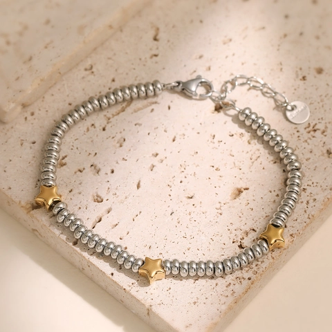 Stainless Steel Beaded Heart Star Bracelet For Women Gold Silver Two Tone Adjustable Link Chain Fashion Daily Jewelry