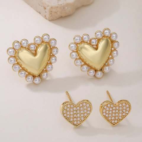Mode Kupfer Beschichtet 18K Gold Künstliche Perle Herz Ohrstecker Für Damen Elegant Geometrisch Ohr Schmuck Valentin Geschenk