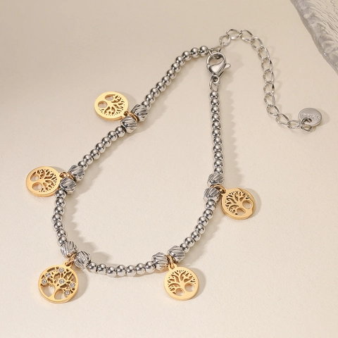 Bracciale Con Perline Albero Della Vita In Acciaio Inossidabile Oro Argento Due Toni Ciondolo Zircone Bracciale Donna Gioielli Moda