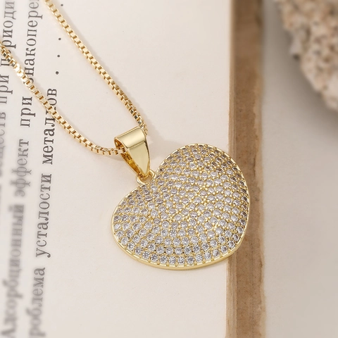 Collana con Pendente a Cuore in Rame Galvanizzato Oro Elegante Cuore con Zirconia Catena Box Gioielli Regalo per Donna