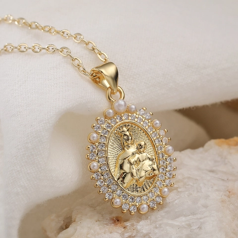 Vintage 18 Karat Vergoldet Kupfer Jungfrau Maria Anhänger Halskette Retro Religiöse Oval Zirkonia Künstliche Perle Gliederkette Für Damen