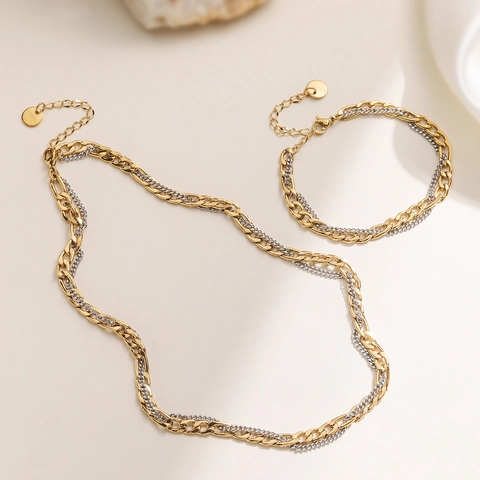 Minimalista in Acciaio Inossidabile Placcato Oro 18K Catena Bicolore Collana e Braccialetto per Donna Gioielli di Moda Regalo