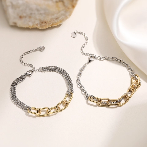 Zweifarbige Edelstahl Farbkombination Kette Armband Ohrringe Für Damen Minimalistischer Geometrischer Modeschmuck Set Täglich Pendeln Accessoire