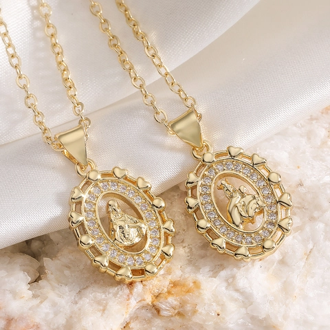 Vintage Kupfer 18K Vergoldet Jungfrau Maria Oval Anhänger Halskette Zirkonia Religiöse Herz Schlüsselbein Kette Schmuck Damen