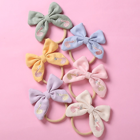 Baby Girls Cotton Bow Headband With Embroidery Swan Elastic Soft Seamless Nylon Hair Band For Infant Toddler Hair Accessories
