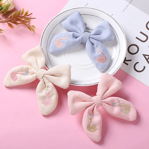 Baumwolle Stickerei Schleife Haarspangen Für Mädchen Schwan Krone Muster Haarnadeln Süße Kinder Schleifen Haarschmuck Barrette