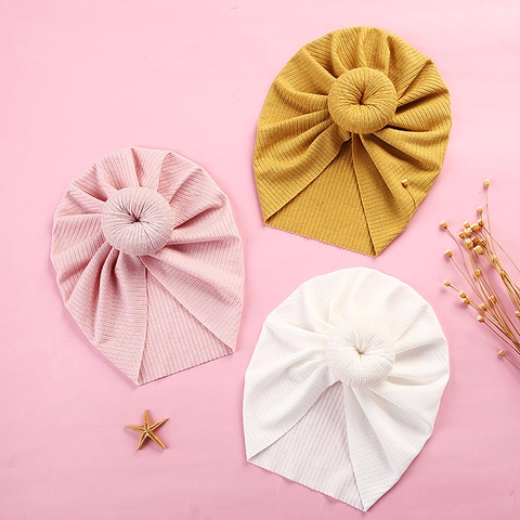 Soft Ribbed Knit Baby Turban Hat With Donut Knot Solid Color Newborn Infant Elastic Headwrap For Girls Boys Photography Accessory