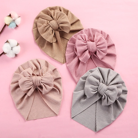 Soft Ribbed Baby Turban Hat With Large Bow Newborn Infant Toddler Headwrap Beanie For Photography Daily Wear Kids Accessories
