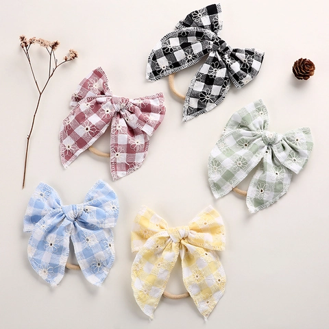 Bandeau à Nœud Brodé en Coton Plaid Pastoral pour Bébés Filles Bandeau en Nylon Élastique Accessoires de Cheveux Floraux