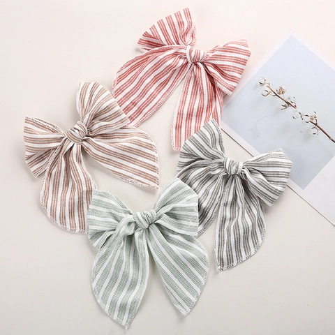 Handmade Fabric Striped Plaid Bow Hair Clips For Baby Girls Boutique Swallowtail Knitted Bowknot Hairpins Kids Hair Accessories