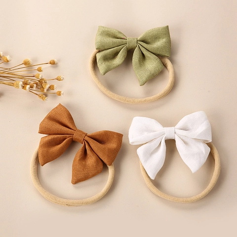 Fascia Capelli Neonato Con Fiocco Morbida Alta Elasticità Nylon Fascia Per Capelli Lino Cotone Accessori Capelli Bambina