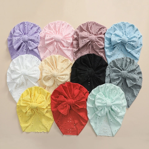 Cappello Turbante per Neonati in Morbido Cotone Con Fiocco Grande Design Traforato Berretto Elastico per Bambini