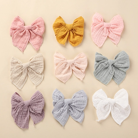 Pinzas para el Cabello con Lazo de Algodón Hechas a Mano para Bebés Niñas Color Sólido Tela de Doble Gasa Horquillas Dulces Accesorios para el Pelo